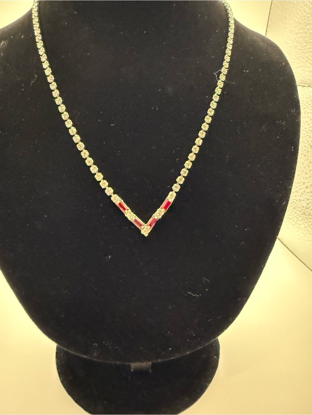 Red and clear rhinestone Silver/tone V-Accent Tennis Necklace